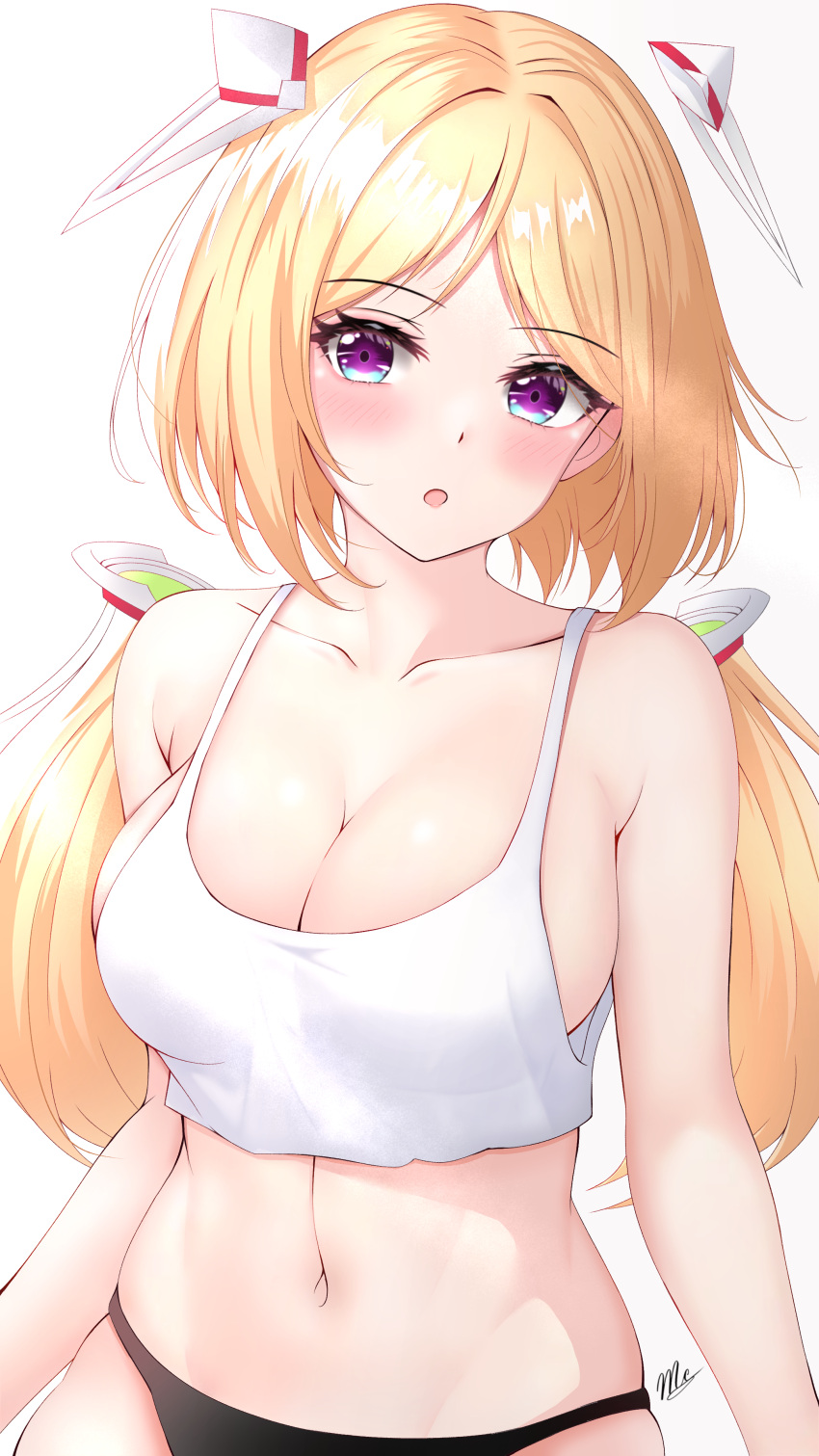 :o absurdres aki_rosenthal arms_at_sides bare_arms bare_shoulders black_panties blonde_hair blush breasts camisole cleavage collarbone cowboy_shot crop_top detached_hair female groin hair_between_eyes hair_intakes hair_ornament highres hololive large_breasts long_hair looking_at_viewer low_twintails midriff navel open_mouth panties parted_lips purple_eyes shde_odeenz sideboob sidelocks signature simple_background skindentation solo stomach twintails underwear underwear_only very_long_hair virtual_youtuber white_background white_camisole