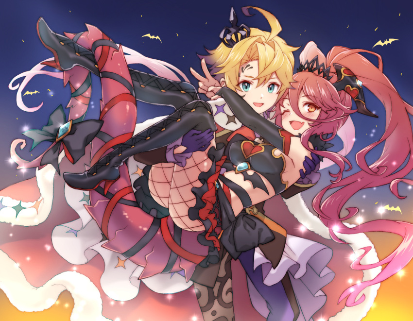 1boy :d ;d ahoge bat_(animal) black_footwear blonde_hair blue_eyes blush boots breasts carrying dragalia_lost dragon_girl dragon_horns dragon_tail ekra euden female fishnet_pantyhose fishnets hair_between_eyes highres horns knee_boots long_bangs long_hair looking_at_viewer mym_(dragalia_lost) oerba_yun_fang official_alternate_costume official_alternate_hairstyle one_eye_closed open_mouth orange_eyes pantyhose princess_carry red_hair skin_fang smile tail twintails v very_long_hair