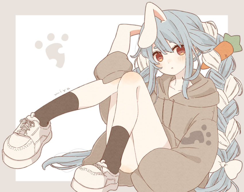 animal_ear_fluff animal_ears artist_name bare_legs black_socks blue_hair blush braid carrot carrot_print collarbone convenient_arm female food_print full_body grey_hoodie hair_ribbon highres hololive hood hoodie knees_together_feet_apart knees_up legs long_hair long_sleeves looking_at_viewer multicolored_hair no_pants parted_lips rabbit-shaped_pupils rabbit_ears rabbit_girl red_eyes ribbon shoes short_eyebrows simple_background sitting sleeves_past_fingers sleeves_past_wrists socks solo symbol-shaped_pupils thick_eyebrows traum38 twin_braids twintails two-tone_hair usada_pekora virtual_youtuber white_footwear white_hair white_ribbon