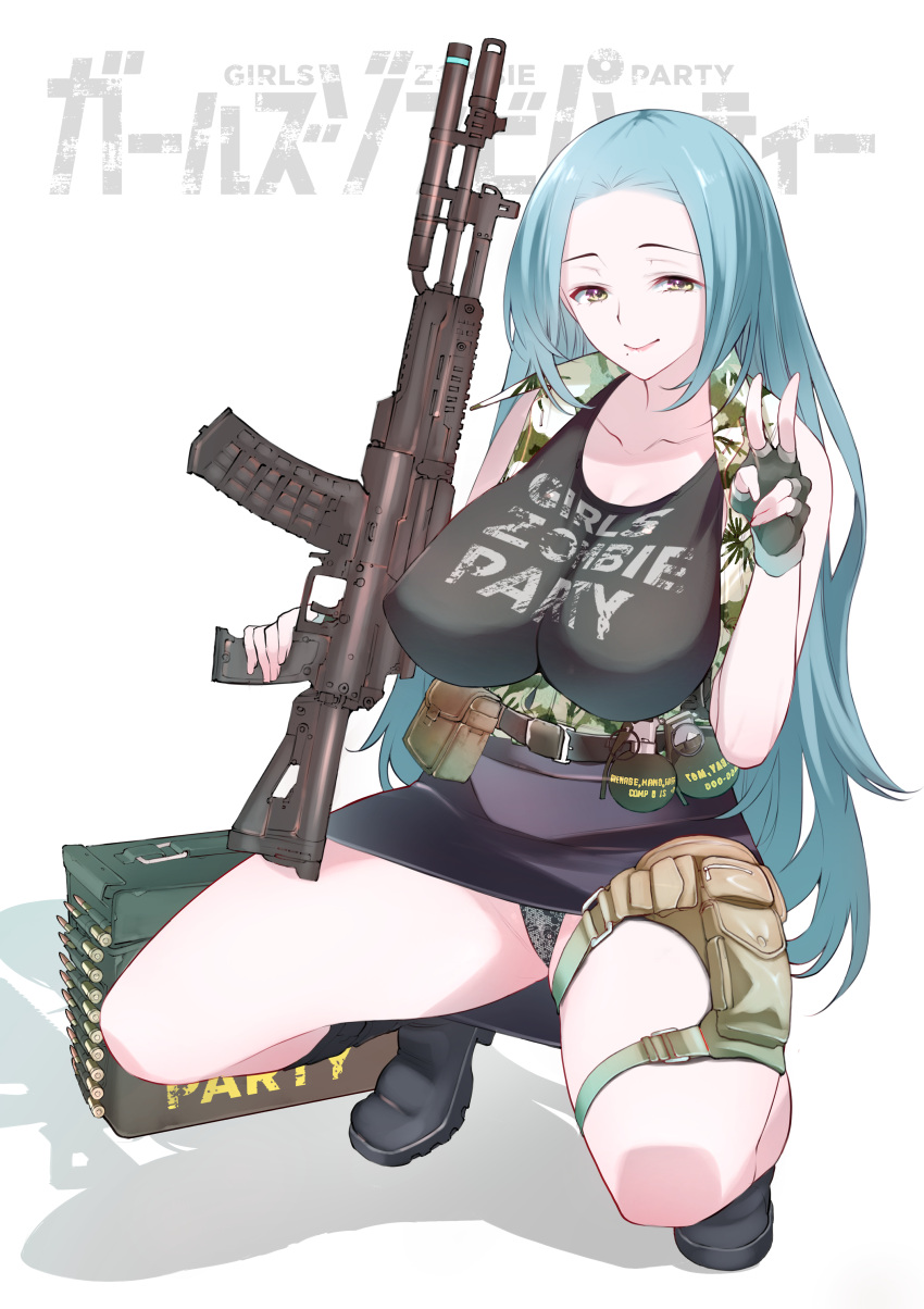 absurdres ak-12 ammunition_belt ammunition_box assault_rifle bag bare_shoulders belt blue_hair boots breasts bullet explosive female fingerless_gloves forehead gloves grenade gun highres kalashnikov_rifle kojima_takeshi large_breasts long_hair looking_at_viewer mole mole_under_mouth original panties pantyshot rifle skirt sleeveless solo tank_top thigh_strap underwear v vest weapon white_background yellow_eyes