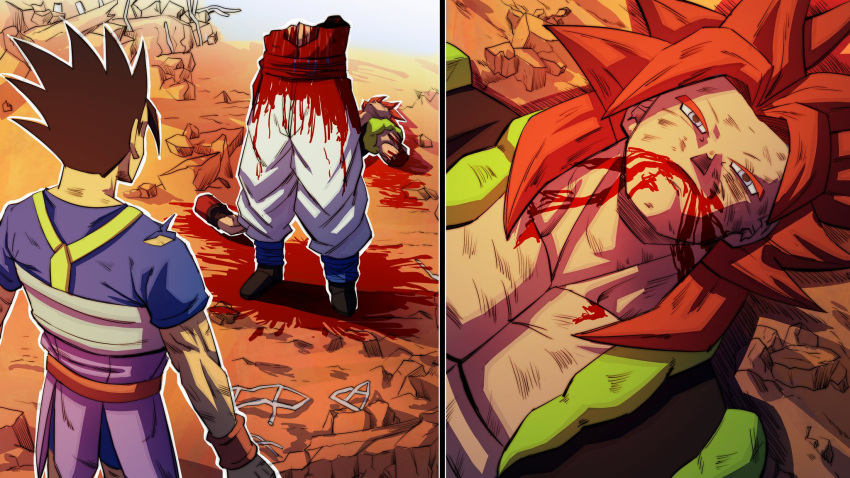 2boys after_battle black_footwear black_hair blood blood_on_clothes blood_on_mouth blue_sash blue_shirt blue_shorts brown_wristband cabba closed_mouth comic_panel_redraw death debris defeat derivative_work disembodied_arm disembodied_torso dragon_ball dragon_ball_gt dragon_ball_super english_commentary gogeta highres in-franchise_crossover jujutsu_kaisen long_hair looking_at_another looking_up male_focus metamoran_vest multiple_boys muscular muscular_male nose outdoors pectorals red_hair saiyan_armor sash scratches shirt short_sleeves shorts spiked_hair standing super_saiyan super_saiyan_4 torn_clothes torn_shirt vest zerooart