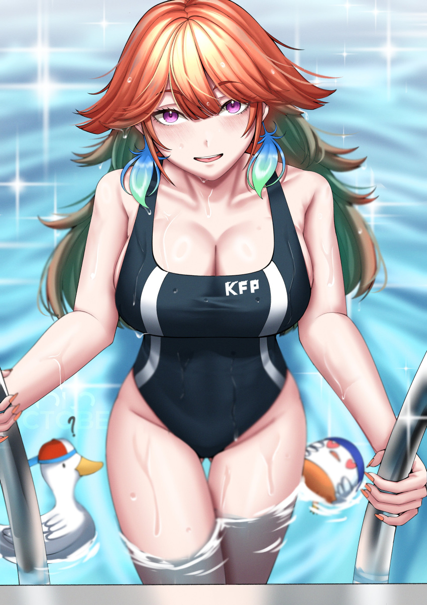 absurdres aqua_hair blurry blush breasts cleavage climbing_ladder competition_swimsuit depth_of_field feathers female gradient_hair highres hololive hololive_english kfp large_breasts long_hair looking_at_viewer multicolored_hair one-piece_swimsuit open_mouth orange_hair pool pool_ladder poolside purple_eyes shiny_skin smile swimsuit takanashi_kiara takodragonn virtual_youtuber water wet wet_clothes wet_swimsuit