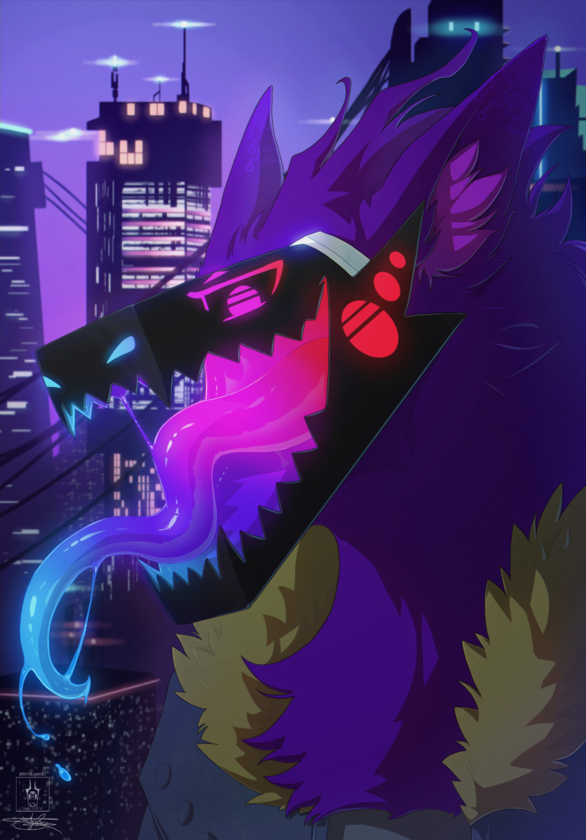 absurd_res anthro cyberpunk fur glowing glowing_mouth hi_res long_tongue machine male mouth_shot neon_lights open_mouth protogen purple_body purple_fur rainbow seregore slime smug solo synthwave tongue visor