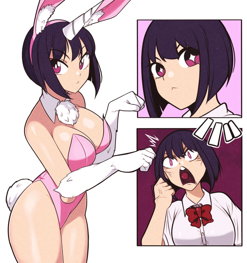 +_+ absurdres animal_ears black_hair breasts cleavage detached_collar elbow_gloves fake_animal_ears fake_horns fake_tail female fur_gloves gloves highleg highleg_leotard highres horns ijiranaide_nagatoro-san jeff_miga large_breasts leotard open_mouth pink_leotard playboy_bunny purple_eyes rabbit_ears rabbit_tail shirt short_hair strapless strapless_leotard sunomiya_hana tail unicorn_horn veins white_gloves white_shirt