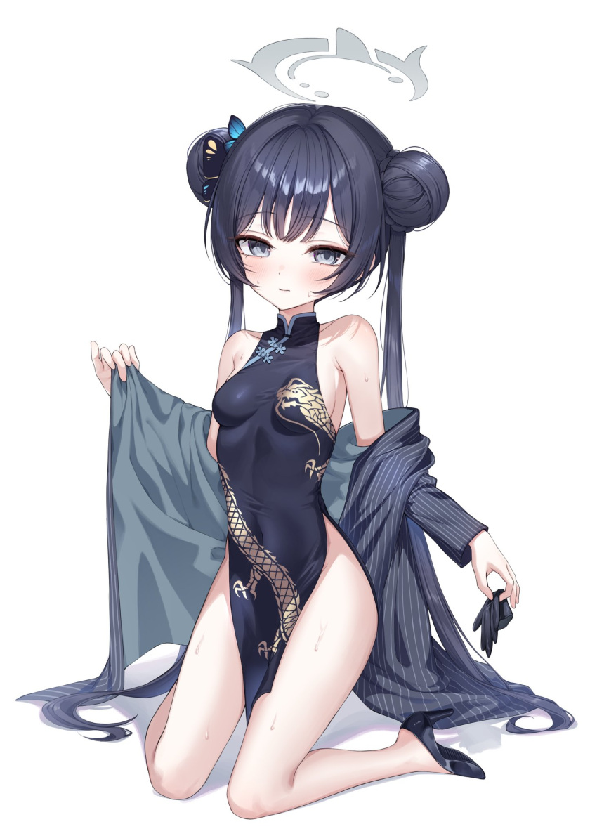 bare_shoulders black_footwear black_gloves black_hair blue_archive blush breasts breasts_apart china_dress chinese_clothes commentary covered_navel double_bun dress female gloves grey_eyes grey_halo hair_bun hair_ornament halo high_heels highres holding holding_gloves holding_unworn_clothes kisaki_(blue_archive) kneeling light_smile long_hair looking_at_viewer medium_breasts sideboob solo soymilk_arts2 twintails very_long_hair white_background