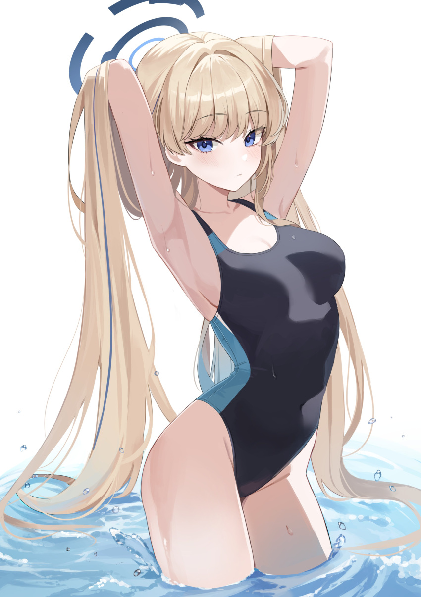 absurdres alternate_costume arms_behind_head black_one-piece_swimsuit blonde_hair blue_archive blue_eyes blue_halo blush breasts closed_mouth commentary_request cosplay female hair_intakes halo highres long_hair looking_at_viewer medium_breasts nannung one-piece_swimsuit shiroko_(blue_archive) shiroko_(blue_archive)_(cosplay) shiroko_(swimsuit)_(blue_archive) solo swimsuit thighs toki_(blue_archive) very_long_hair wading water