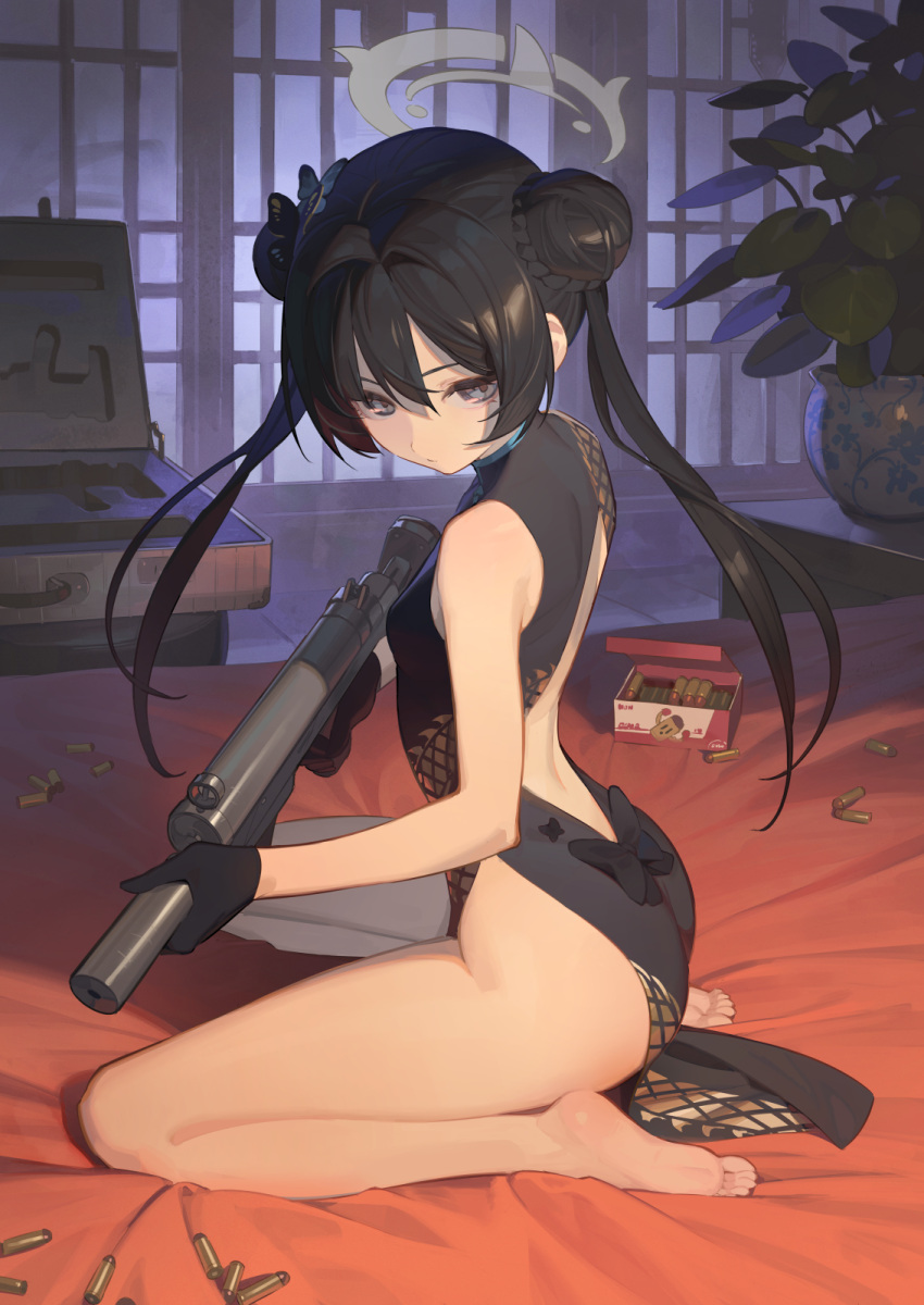 ammunition ammunition_box ass back bare_arms bare_legs bare_shoulders barefoot black_dress black_gloves blue_archive braid braided_bun breasts bullet butterfly_hair_ornament china_dress chinese_clothes cs/ls06 double_bun dragon_print dress female gloves grey_eyes grey_halo hair_bun hair_ornament halo highres holding holding_weapon kisaki_(blue_archive) long_hair looking_at_viewer pelvic_curtain print_dress small_breasts solo timbougami weapon weapon_case