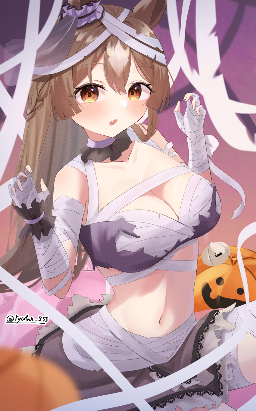 absurdres animal_ears bad_id bad_twitter_id bandaged_arm bandaged_leg bandages bandeau black_choker blurry blurry_foreground blush braid breasts brown_eyes brown_hair choker claw_pose cleavage commentary cosplay depth_of_field ear_scrunchie female frilled_choker frills grey_bandeau grey_skirt halloween highres horse_ears horse_girl jack-o'-lantern lace-trimmed_skirt lace_trim long_hair looking_at_viewer lryutanl medium_breasts midriff miniskirt navel oerba_yun_fang satono_diamond_(umamusume) sitting skin_fang skirt solo super_creek_(chiffon_ribbon_mummy)_(umamusume) super_creek_(umamusume) super_creek_(umamusume)_(cosplay) torn_bandeau torn_clothes twitter_username umamusume