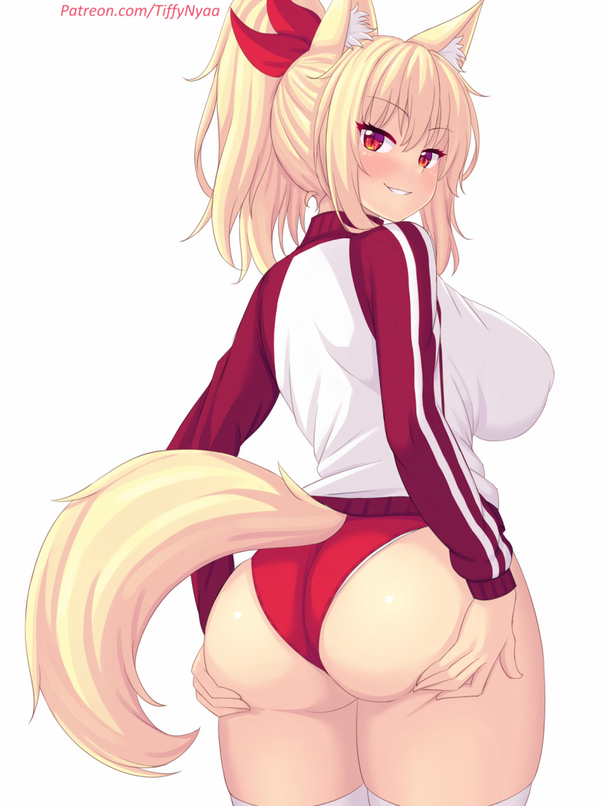 animal_ear_fluff animal_ears ass blush breasts buruma cat_ears cat_girl cat_tail commentary english_commentary female from_behind hair_ornament hands_on_own_ass highres jacket large_breasts long_hair long_sleeves looking_at_viewer looking_back nottytiffy original panties panties_under_buruma parted_lips patreon_username ponytail red_buruma red_eyes simple_background smile solo tail thighhighs thighs tiffy_(nottytiffy) underwear white_background white_panties white_thighhighs