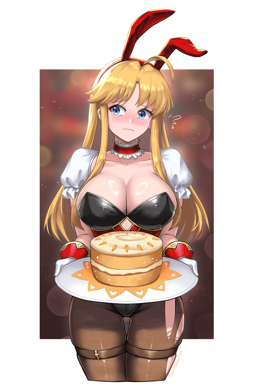 alternate_costume animal_ears black_leotard blonde_hair blue_eyes blush breasts brown_thighhighs burnt_green_tea cake clarisse_(fire_emblem) cleavage detached_collar embarrassed fake_animal_ears female fire_emblem fire_emblem:_new_mystery_of_the_emblem fire_emblem_heroes food gloves highleg highleg_leotard highres holding holding_plate leotard long_hair looking_to_the_side pantyhose plate playboy_bunny puffy_short_sleeves puffy_sleeves rabbit_ears short_sleeves simple_background solo strapless strapless_leotard thigh_strap thighhighs torn_clothes white_gloves wrist_cuffs