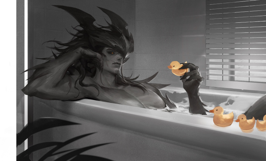 1boy absurdres bathing bathtub commentary english_commentary facial_hair glowing glowing_eyes goatee greyscale helmet highres league_of_legends long_hair looking_at_object monochrome muscular muscular_male nightbringer_yasuo nude orange_eyes partially_submerged rubber_duck scar scar_on_face shadderfans solo spikes spot_color water yasuo_(league_of_legends)