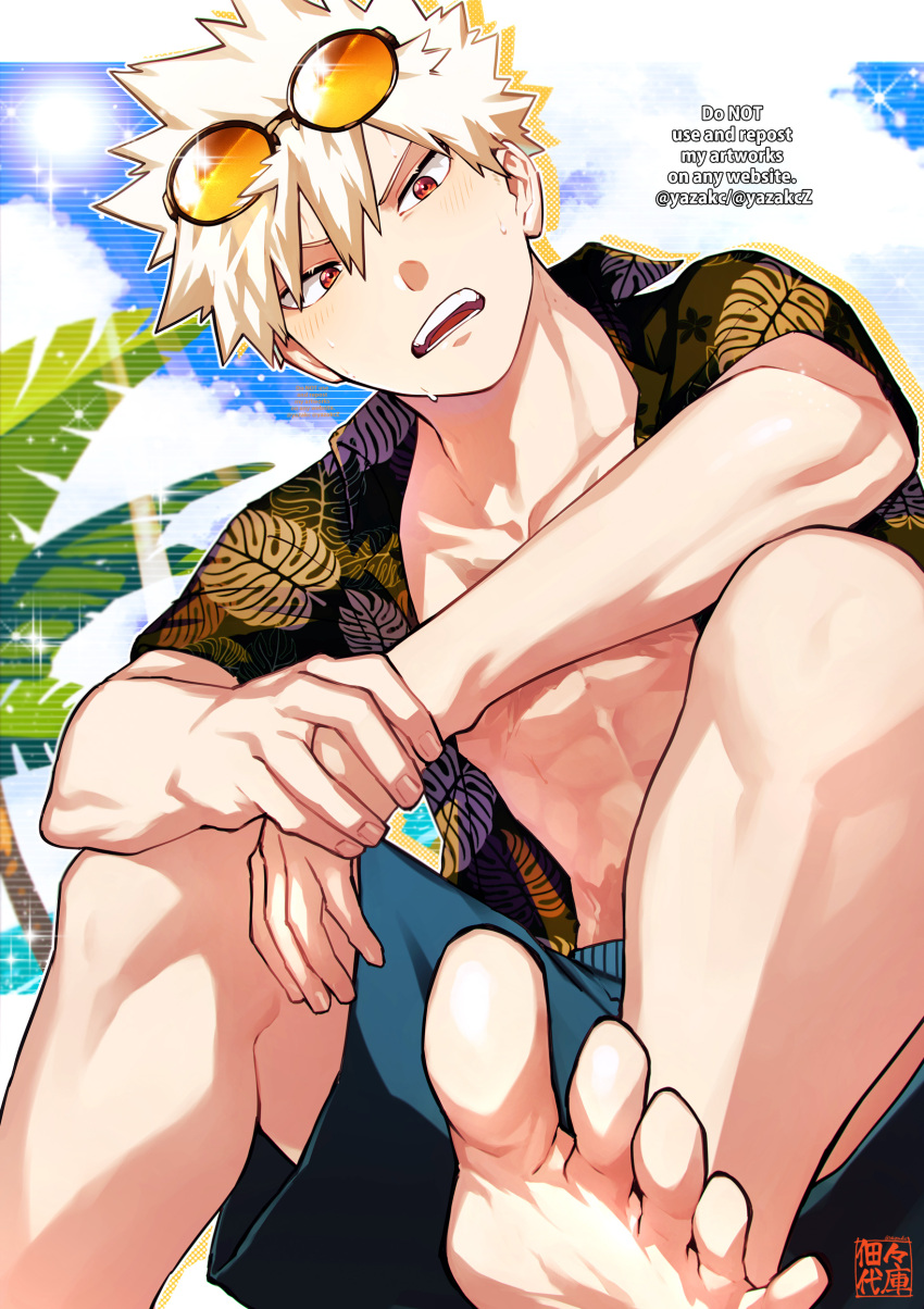 1boy absurdres bakugou_katsuki barefoot black_male_swimwear black_shirt blonde_hair blush boku_no_hero_academia eyewear_on_head feet glasses highres looking_at_viewer male_focus male_swimwear muscular muscular_male open_clothes open_mouth open_shirt red_eyes shirt short_hair solo spiked_hair toes yazaki_(yazakc) yellow-framed_eyewear