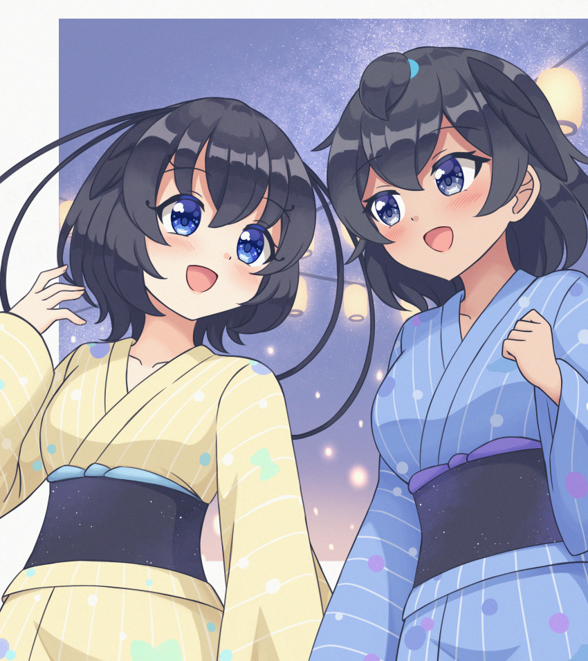 2girls absurdres antennae bird_girl bird_wings black_eyes black_hair blue_eyes blue_kimono blush breasts festival hair_between_eyes head_wings highres japanese_clothes kemono_friends kimono lantern large_breasts long_sleeves multiple_girls obi open_mouth paper_lantern print_kimono sash shiraha_maru short_hair smile striped_clothes striped_kimono summer_festival superb_bird-of-paradise_(kemono_friends) western_parotia_(kemono_friends) wings yukata