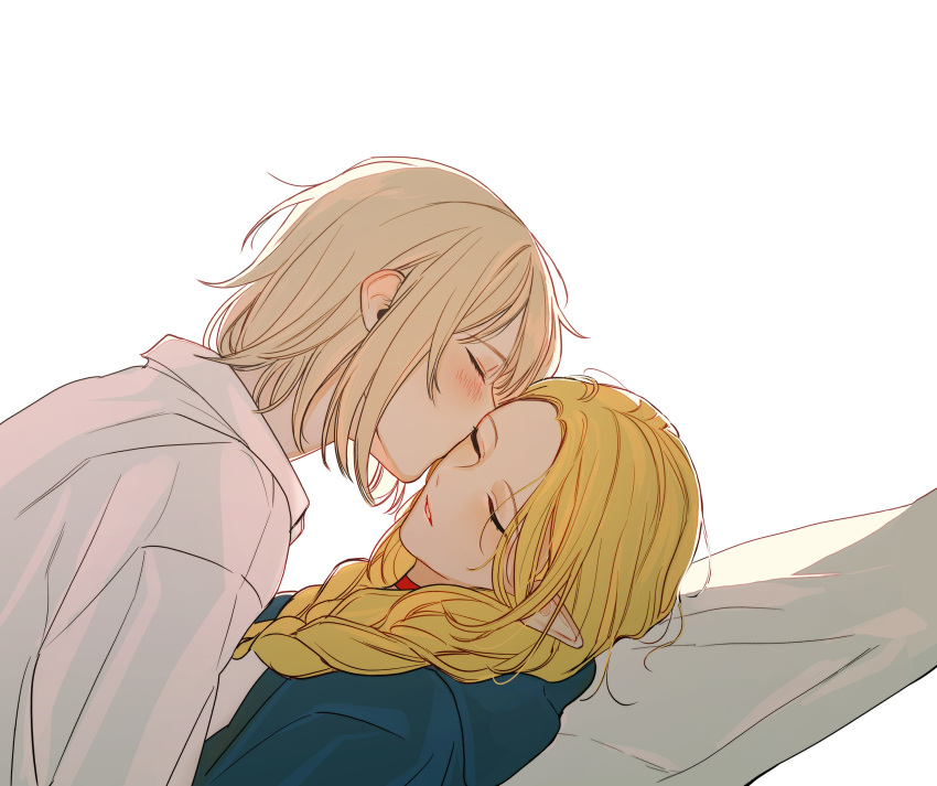 2girls absurdres bad_id bad_twitter_id braid choker closed_eyes dungeon_meshi dutch_angle falin_touden front_braid highres hntpan kissing kissing_cheek long_hair marcille_donato medium_hair multiple_girls parted_lips pointy_ears red_choker short_hair sleeping twin_braids white_background yuri