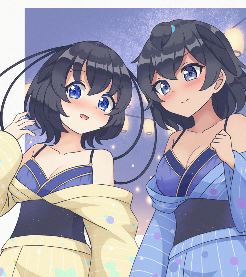 2girls absurdres antennae bird_girl bird_wings black_eyes black_hair blue_eyes blue_kimono blush bra breasts cleavage festival hair_between_eyes head_wings highres japanese_clothes kemono_friends kimono lantern large_breasts long_sleeves multiple_girls obi open_mouth paper_lantern partially_undressed print_kimono sash shiraha_maru short_hair striped_clothes striped_kimono summer_festival superb_bird-of-paradise_(kemono_friends) underwear western_parotia_(kemono_friends) wings yukata