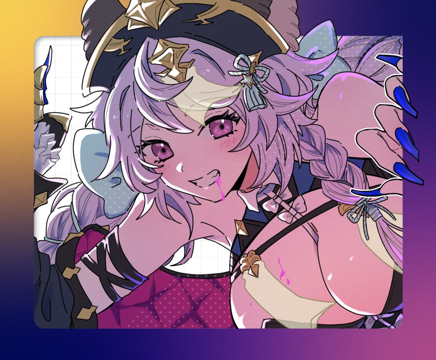 al2o3_na bare_shoulders blood blood_from_mouth blue_nails blush bow braid breasts cleavage cleavage_cutout close-up clothing_cutout commentary female framed_breasts granblue_fantasy grin hairbow hat highres jiangshi_costume official_alternate_costume outside_border purple_eyes purple_hair satyr_(granblue_fantasy) satyr_(halloween)_(granblue_fantasy) sleeveless smile solo very_long_fingernails