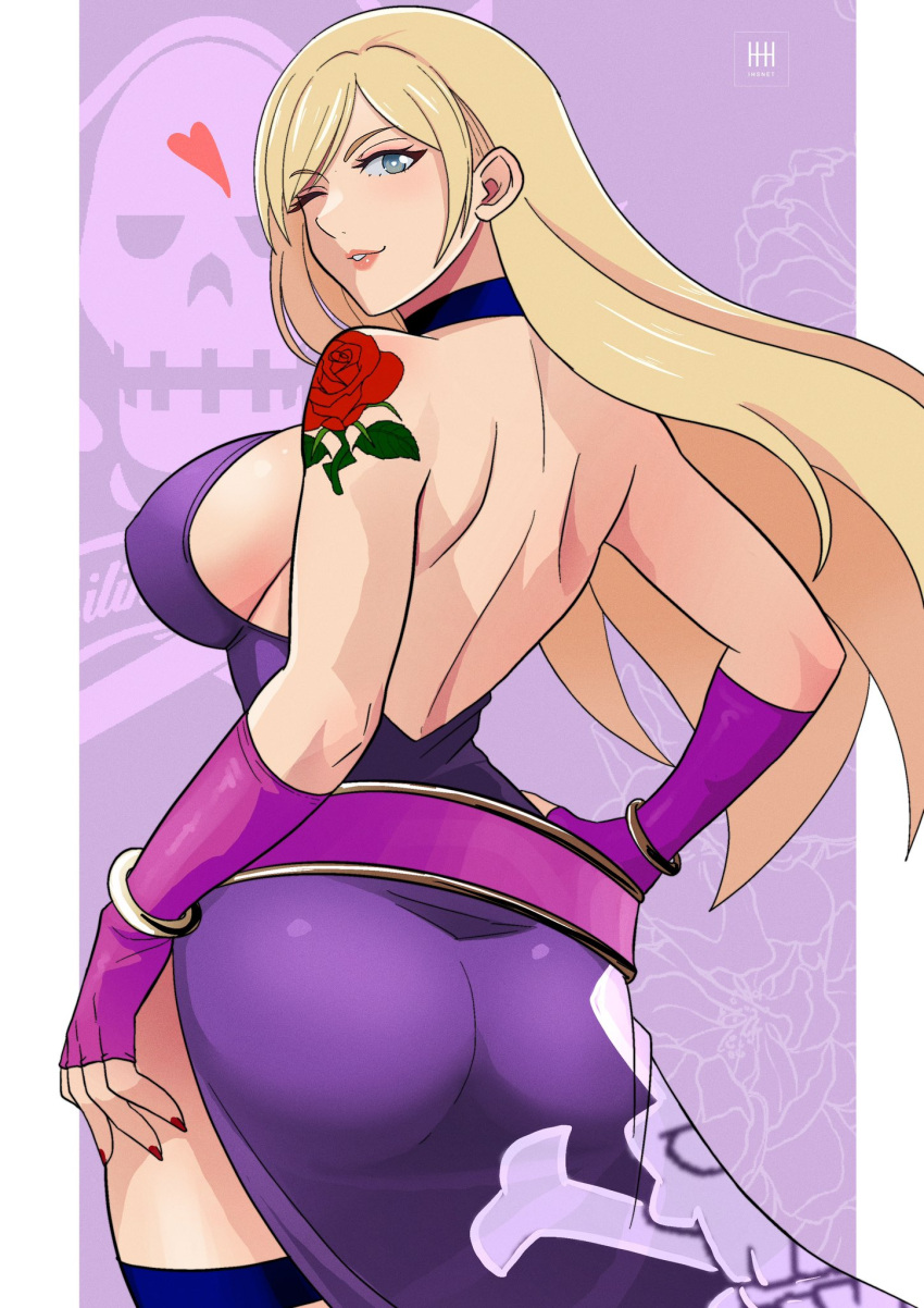 ass ass_focus back bangle bare_back bare_shoulders belt blonde_hair blue_eyes bracelet breasts butt_crack choker cleavage dress fatal_fury female fingerless_gloves flower_tattoo from_behind garou:_mark_of_the_wolves gloves highres ihsnet jenet_behrn jewelry jolly_roger large_breasts long_hair looking_at_viewer looking_back loose_belt one_eye_closed pirate purple_choker purple_dress shoulder_blades sideboob skull_and_crossbones skull_print smile snk solo tattoo thigh_strap thighs