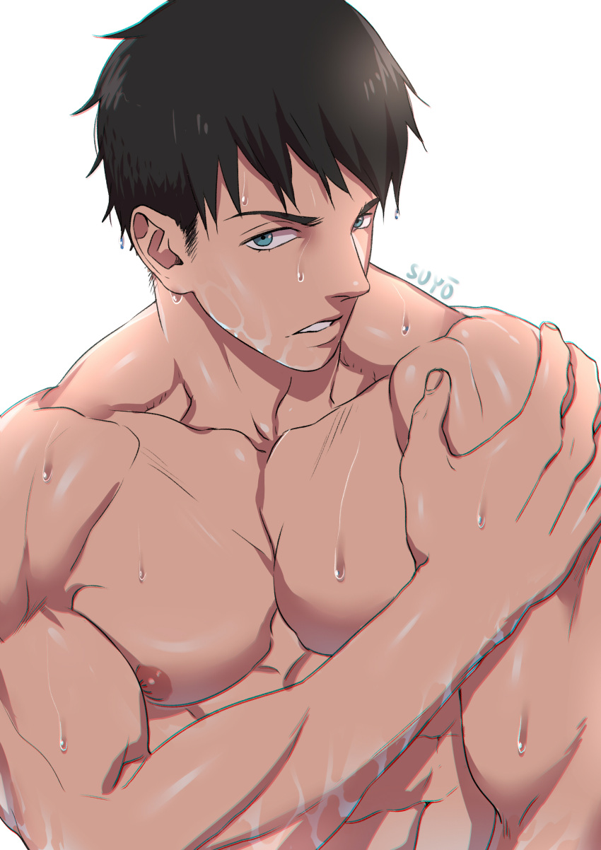 1boy absurdres artist_name bara black_hair blue_eyes free! hand_on_own_arm highres large_pectorals looking_at_viewer male_focus muscular muscular_male nipples pectorals short_hair solo suyohara upper_body wet wet_face wet_hair white_background yamazaki_sousuke