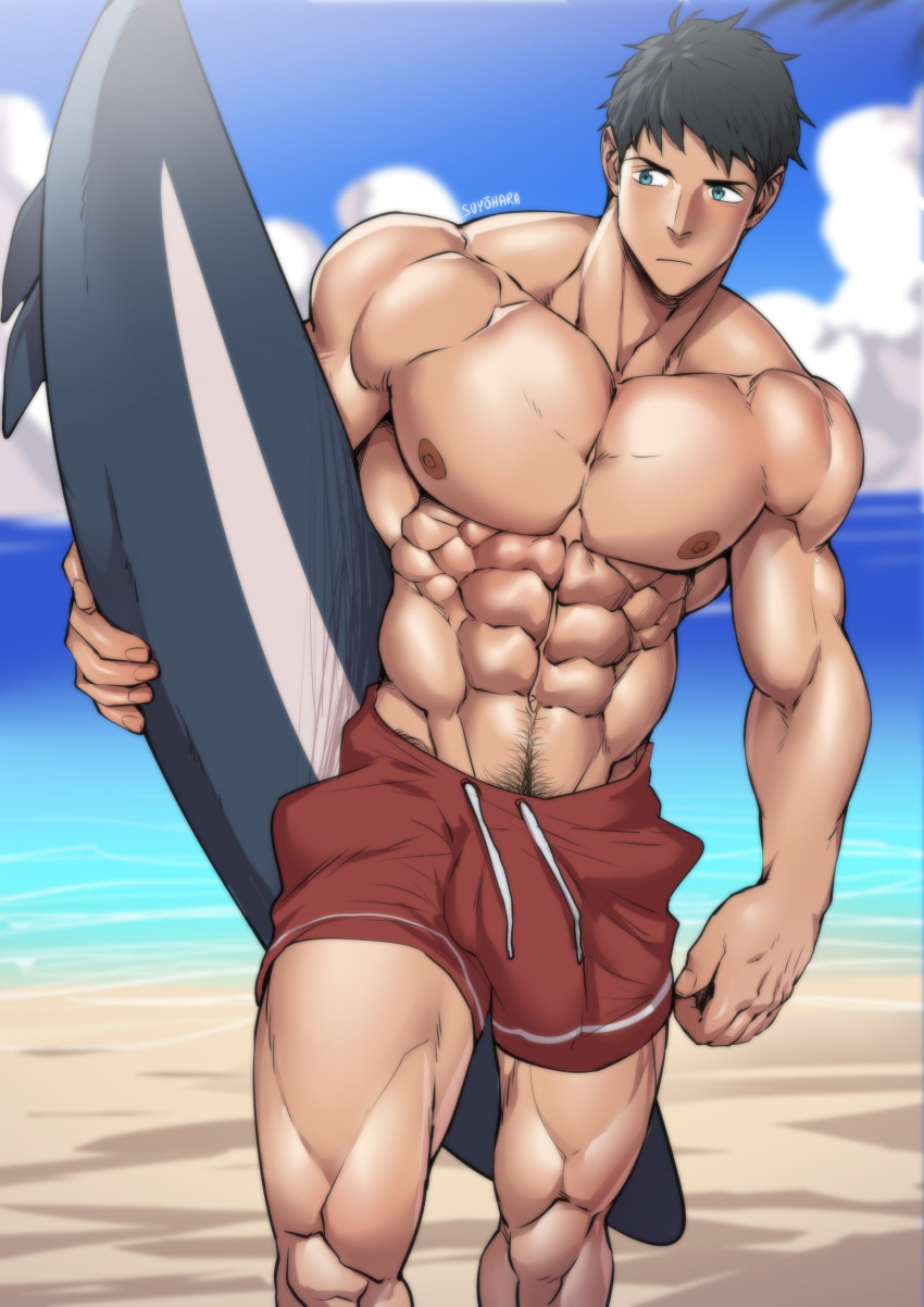 1boy abs absurdres artist_name bara beach black_hair blue_eyes closed_mouth cloud collarbone english_commentary expressionless feet_out_of_frame free! highres holding holding_surfboard light_blush male_focus male_swimwear muscular muscular_male nipples on_ground paid_reward_available pectorals red_male_swimwear sand short_hair solo surfboard suyohara thighs topless_male walking yamazaki_sousuke