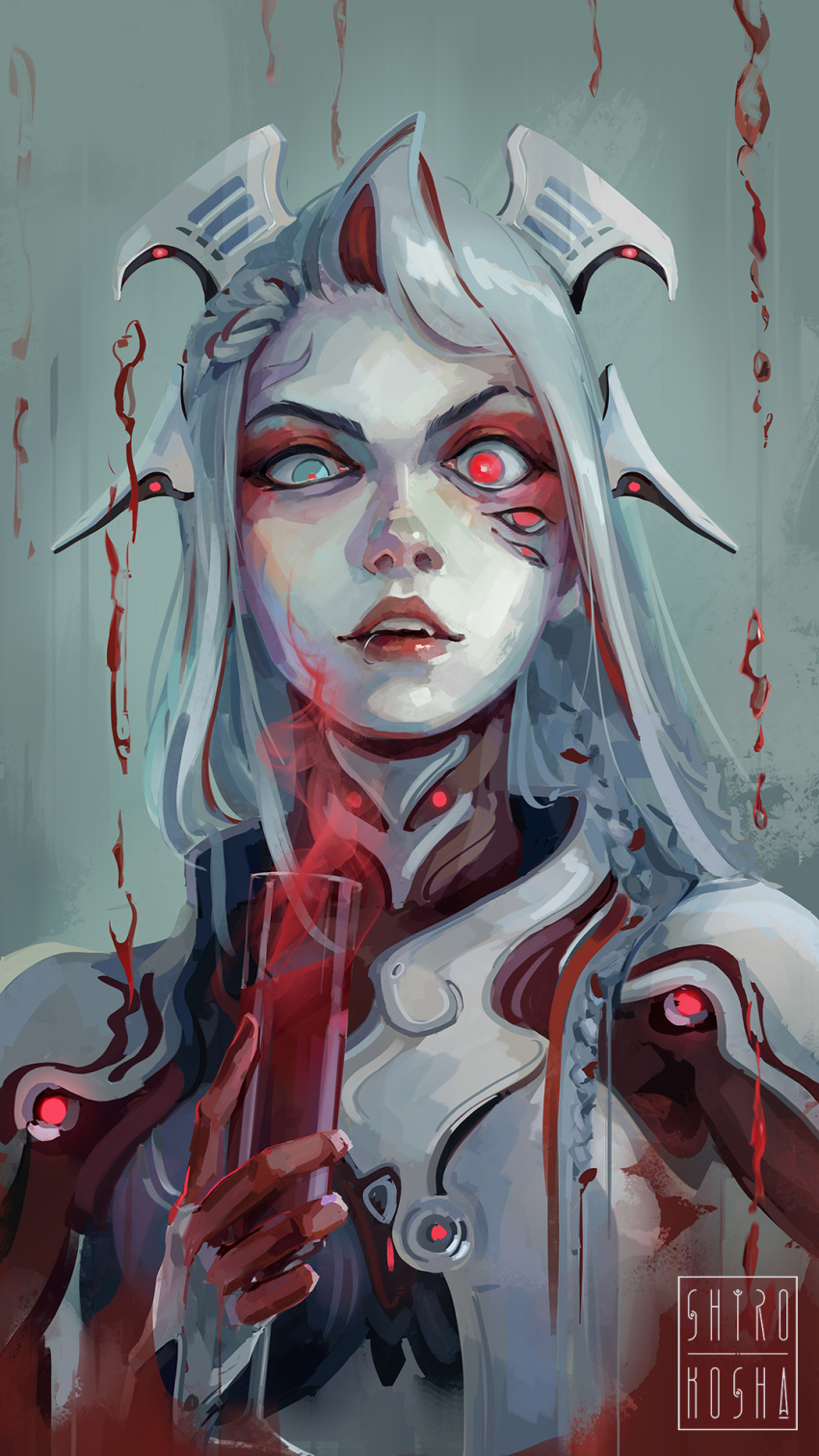 artist_name blood blood_on_hands blue_eyes bodysuit commentary ear_ornament english_commentary extra_eyes female garuda_(warframe) green_background grey_hair hair_ornament highres humanization lip_piercing long_hair looking_at_viewer multicolored_hair piercing red_eyes red_hair red_pupils shiro_kosh_a solo two-tone_hair warframe