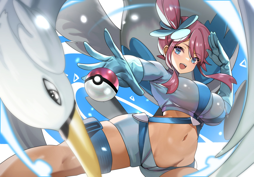 blue_eyes blue_gloves blue_jacket blue_shorts blue_sky breasts crop_top cropped_jacket female gloves highres jacket large_breasts long_hair looking_at_viewer midriff navel one_side_up open_mouth outstretched_arm poke_ball poke_ball_(basic) pokemon pokemon_bw red_hair short_shorts shorts sidelocks sky skyla_(pokemon) smile solo swanna teddy_(khanshin) thighs