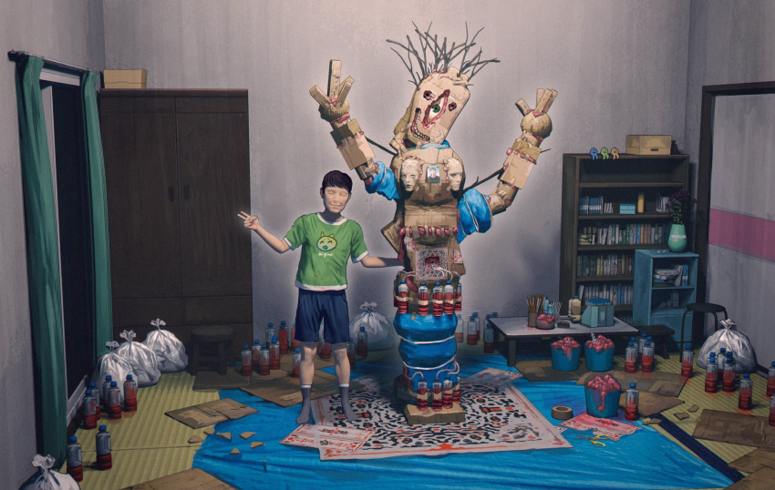 1boy bookshelf bottle bucket commentary curtains entrails green_shirt hands_up hayapi_(sinsin08051) highres indoors looking_at_viewer monster one-eyed organs original photo_(object) shirt shorts smile socks standing tarpaulin trash_bag v vase window