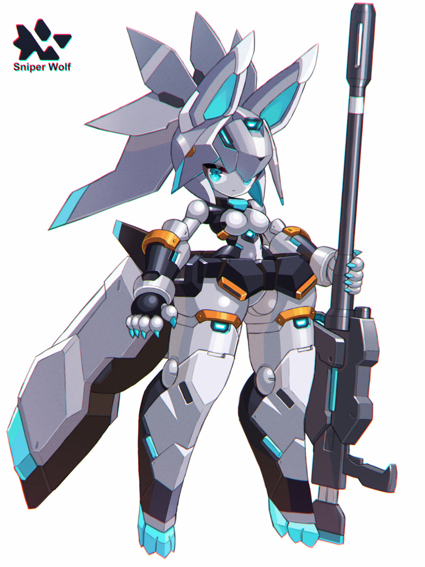 animal_ears animal_helmet blue_eyes breasts claws dot_nose expressionless glowing gun helmet highres holding holding_gun holding_weapon looking_at_viewer medium_breasts narrow_waist no_feet original rifle robot_girl sideways_glance simple_background sniper_rifle thick_thighs thighs weapon white_background wolf_ears yoyoyoyoyo_(turuse)