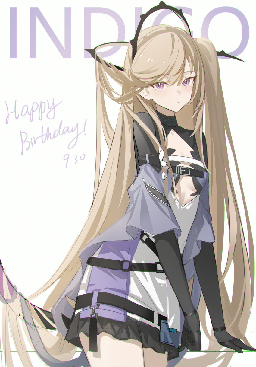 absurdres arknights belt belt_buckle black_belt black_gloves breasts buckle character_name closed_mouth commentary_request dated dress elbow_gloves female gloves grey_background hair_between_eyes happy_birthday highres indigo_(arknights) light_brown_hair long_hair looking_at_viewer pingdiguo purple_eyes simple_background small_breasts smile solo very_long_hair white_dress