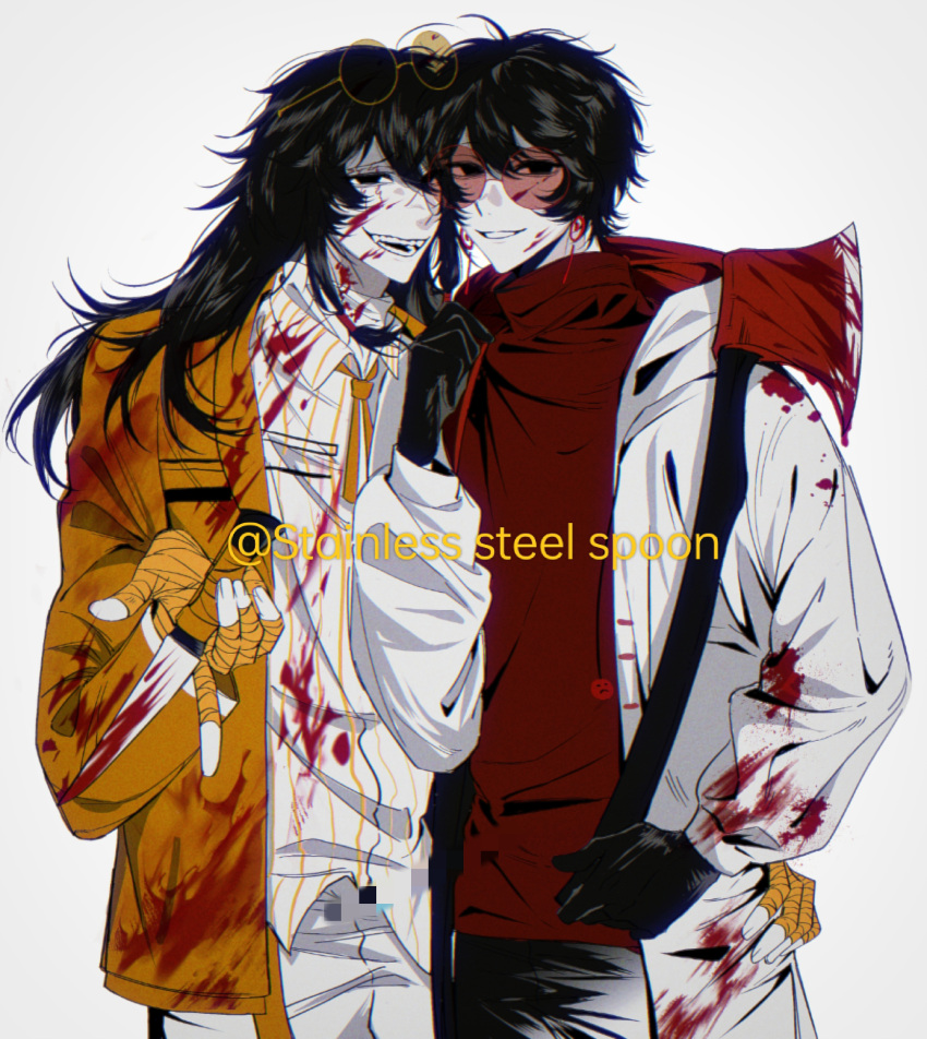 2boys absurdres axe bandaged_hand bandages black_eyes black_gloves black_hair blood blood_on_clothes blood_on_face blood_on_weapon chinese_commentary chunai_shan_ji_ren coat collared_shirt colored_skin commentary_request earrings eyewear_on_head gloves grin hand_on_another's_waist highres holding holding_axe holding_knife holding_weapon jacket jewelry knife li_yuting_(male) long_hair long_sleeves male_focus mole mole_under_each_eye mole_under_eye multiple_boys multiple_moles open_clothes open_coat open_jacket open_mouth red-tinted_eyewear red_sweater round_eyewear shirt short_hair simple_background smile striped_clothes striped_shirt sweater tinted_eyewear touqi_guaitan turtleneck turtleneck_sweater vertical-striped_clothes vertical-striped_shirt watermark weapon white_background white_coat white_shirt white_skin yellow-framed_eyewear yellow_jacket ziche_fuzhao