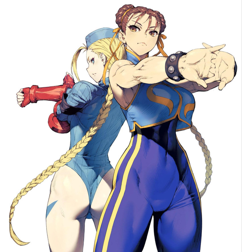 2girls ahoge ass back-to-back blonde_hair blue_eyes blue_leotard bodypaint bracelet braid brown_eyes brown_hair cammy_white chinese_clothes chun-li chyko crop_top double_bun english_commentary fingerless_gloves from_behind garrison_cap gloves hair_bun hat high-waist_pants highleg highleg_leotard highres huge_ahoge interlocked_fingers jewelry leotard long_hair looking_at_another multiple_girls muscular muscular_female pants red_gloves ribbed_leotard sleeved_leotard standing street_fighter stretching studded_bracelet thick_thighs thighs toned track_pants twin_braids very_long_hair white_background