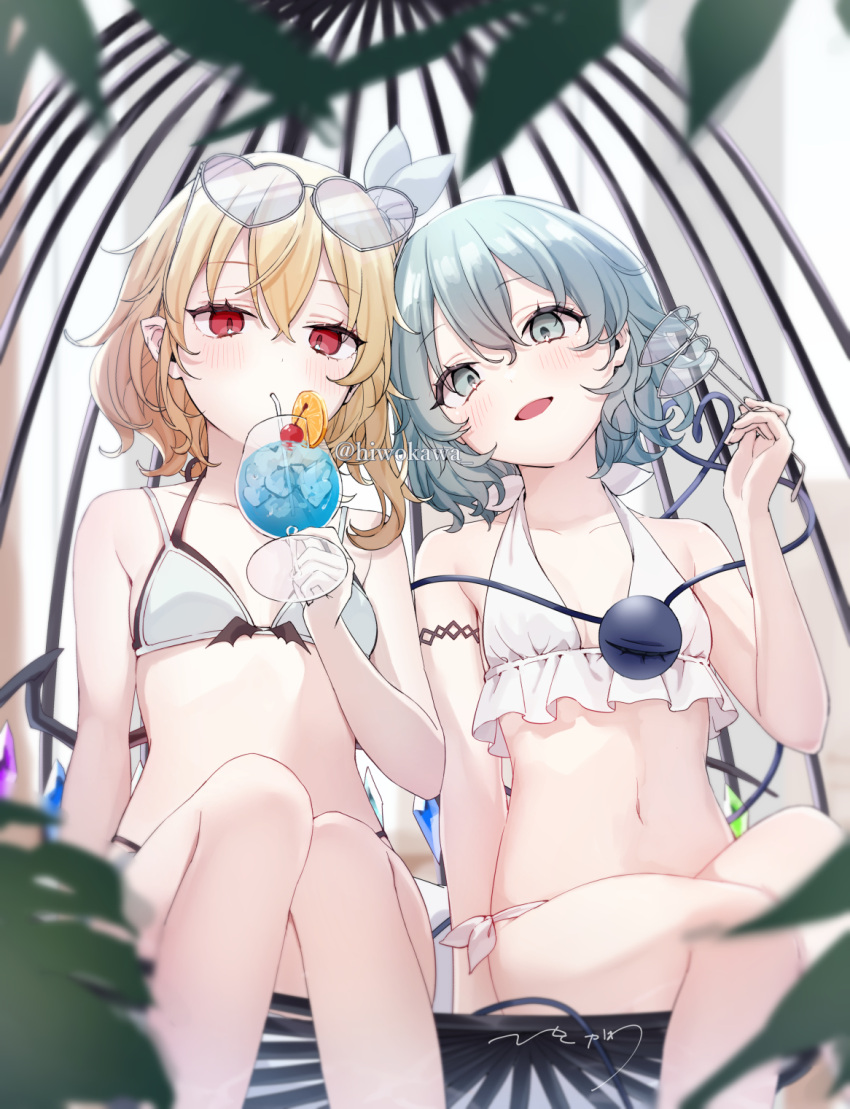 2girls alternate_costume bikini blonde_hair blue_eyes blue_hair blurry blurry_foreground blush breasts cherry commentary_request cup drinking drinking_glass drinking_straw eyewear_on_head flandre_scarlet food frilled_bikini_top fruit heart heart-shaped_eyewear heart_of_string highres holding holding_cup holding_removed_eyewear honotai komeiji_koishi layered_bikini leaf light_blue_hair multiple_girls navel orange_(fruit) orange_slice red_eyes side-tie_bikini_bottom small_breasts swimsuit third_eye touhou twitter_username unworn_eyewear white_bikini