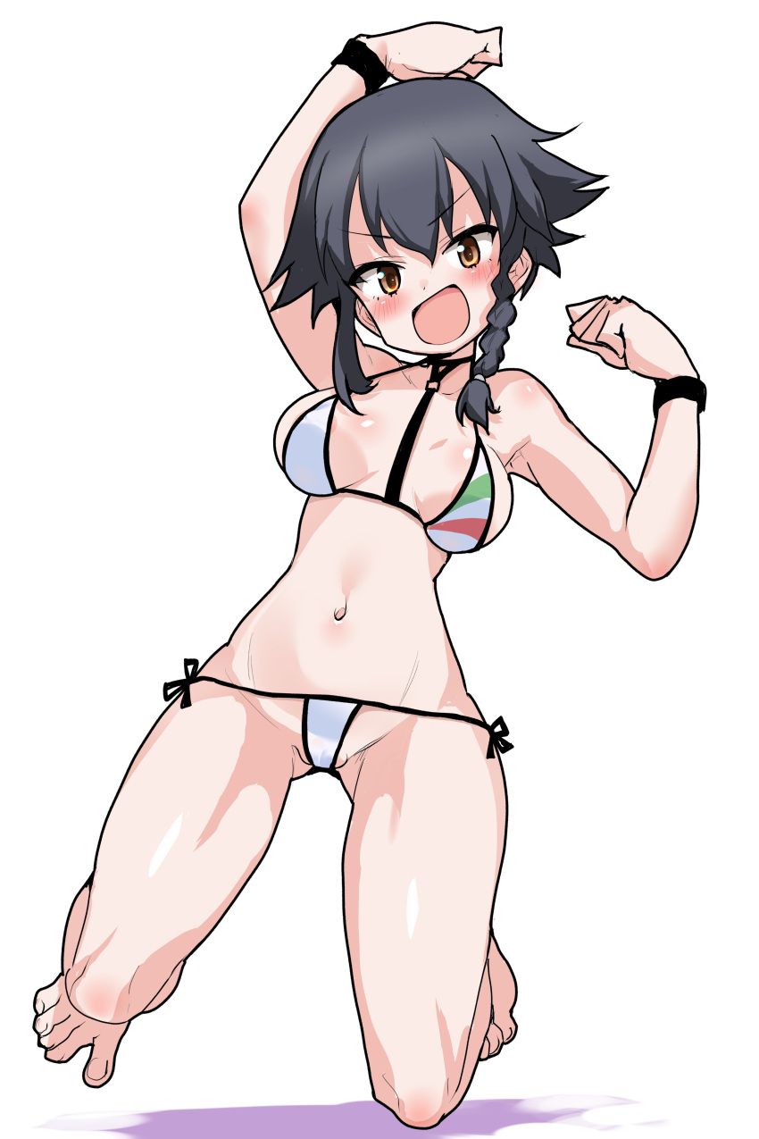 absurdres areola_slip bikini black_hair braid breasts buta-don cleavage female girls_und_panzer highres italian_flag_bikini micro_bikini navel open_mouth orange_eyes pepperoni_(girls_und_panzer) sideboob simple_background smile solo swimsuit toes white_background