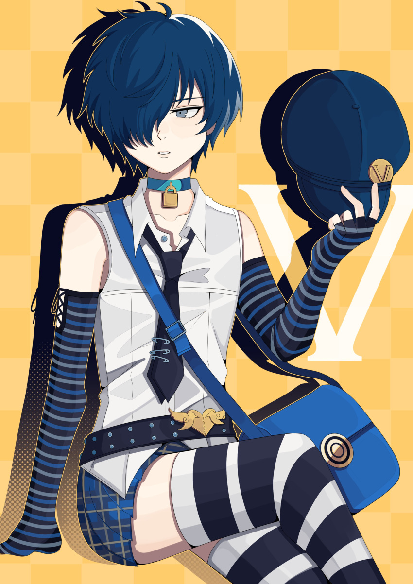 1boy absurdres bag black_necktie black_thighhighs blue_choker blue_gloves blue_hair blue_hat blue_sky blush bobamiruku cabbie_hat checkered_background choker collarbone collared_shirt cosplay crossdressing crossed_legs elbow_gloves eyelashes feet_out_of_frame fingerless_gloves gloves grey_eyes hair_over_one_eye hand_up hat highres holding lock male_focus marie_(persona_4) marie_(persona_4)_(cosplay) messenger_bag miniskirt necktie one_eye_covered otoko_no_ko padlock padlocked_collar persona persona_3 persona_4 persona_4_the_golden plaid_clothes plaid_skirt pleated_skirt shadow shirt short_hair shoulder_bag sitting skirt sky solo striped_clothes striped_gloves striped_thighhighs thighhighs two-tone_thighhighs white_shirt white_thighhighs yellow_background yuuki_makoto_(persona_3)