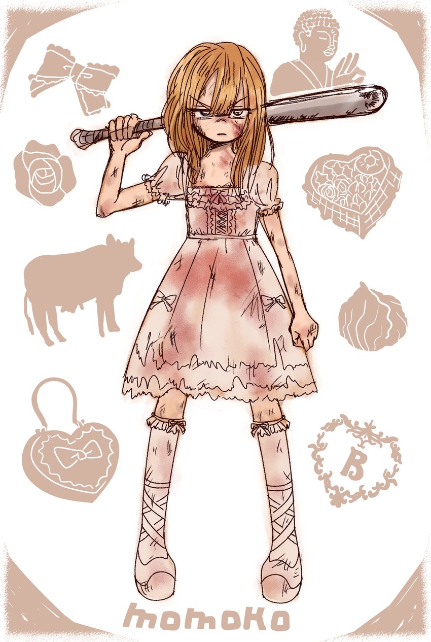 aluminum_bat baseball_bat blonde_hair blood blood_on_clothes blood_on_face boots border bovine bow brown_border brown_eyes bruise buddha cabbage character_name closed_mouth dress expressionless ezaki_bisuko female flower heart heart-shaped_bag highres holding holding_baseball_bat injury long_hair looking_at_viewer pink_dress pink_ribbon puffy_short_sleeves puffy_sleeves ribbon ryuugasaki_momoko shimotsuma_monogatari short_sleeves socks solo standing white_background white_footwear white_socks