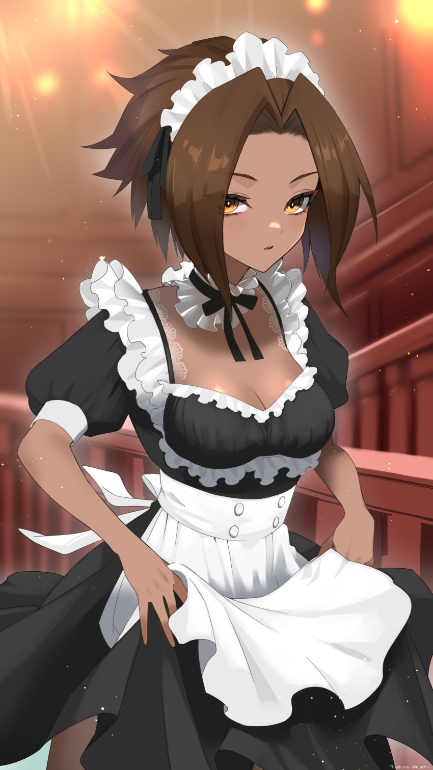 absurdres black_ribbon blurry blurry_background borrowed_character breasts brown_eyes brown_hair cleavage commission dark-skinned_female dark_skin dress female frilled_dress frills highres k_(art71) lace_trim maid maid_headdress neck_ribbon original puffy_short_sleeves puffy_sleeves ribbon short_hair short_sleeves skeb_commission skirt_hold solo thank_you twitter_username