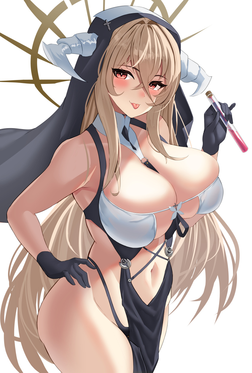 absurdres aphrodisiac azur_lane bare_shoulders between_breasts black_gloves blonde_hair bouhuuu breast_cutout breasts cleavage clothing_cutout cowboy_shot fake_horns female gloves habit hair_between_eyes halo hand_on_own_hip highres holding_vial horns implacable_(azur_lane) large_breasts long_bangs long_hair nun pelvic_curtain purple_liquid red_eyes revealing_clothes simple_background skindentation stomach_cutout tongue tongue_out veil very_long_hair white_background white_horns