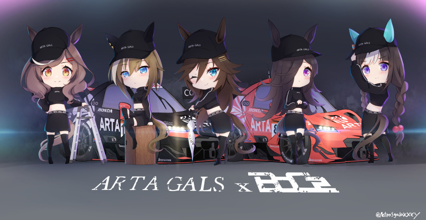 5girls absurdres animal_ears autobacs_racing_team_aguri baseball_cap black_headwear black_thighhighs blue_eyes boc'z_(umamusume) car cheval_grand_(boc'z)_(umamusume) cheval_grand_(umamusume) chibi commentary_request cropped_jacket dark_background ear_covers ears_through_headwear full_body hair_between_eyes hat highres hokko_tarumae_(boc'z)_(umamusume) hokko_tarumae_(umamusume) honda honda_nsx horse_ears horse_girl horse_tail long_sleeves low_twintails matikane_tannhauser_(boc'z)_(umamusume) matikane_tannhauser_(umamusume) midriff motor_vehicle mr._c.b._(boc'z)_(umamusume) mr._c.b._(umamusume) multicolored_hair multiple_girls navel peteron purple_eyes race_queen race_vehicle racecar rice_shower_(boc'z)_(umamusume) rice_shower_(umamusume) sitting streaked_hair super_gt tail thighhighs twintails umamusume white_hair yellow_eyes