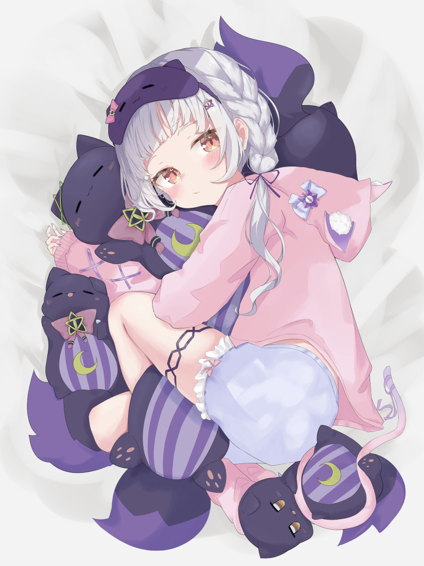 :3 absurdres alternate_costume animal_ear_hood animal_ears animal_hood ao_growth_20 arched_bangs bed_sheet bloomers blush bow braid cat_ears cat_hood closed_eyes closed_mouth curled_up female frilled_bloomers frilled_underwear hair_ornament highres hololive hood hood_down hoodie looking_at_viewer lying murasaki_shion on_side orange_eyes pink_hoodie shiokko_(murasaki_shion) sleep_mask solo star_(symbol) star_hair_ornament tongue tongue_out underwear virtual_youtuber white_bloomers white_bow