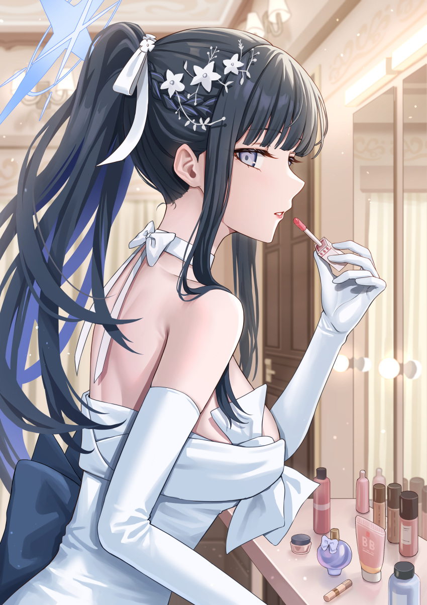 absurdres applying_makeup black_hair blue_archive blue_eyes blue_halo breasts dress elbow_gloves female gloves halo highres large_breasts lipstick long_hair looking_at_viewer makeup official_alternate_costume open_mouth saori_(blue_archive) saori_(dress)_(blue_archive) simoumi_217 solo strapless strapless_dress white_gloves