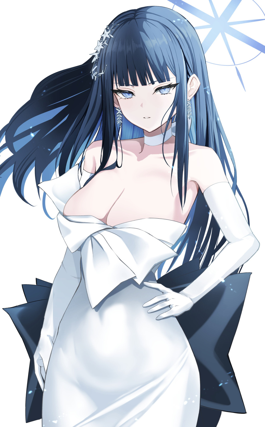 absurdres blue_archive blue_eyes blue_hair blue_halo choker colored_inner_hair commentary dress elbow_gloves female gloves halo highres kuromiz multicolored_hair official_alternate_costume saori_(blue_archive) saori_(dress)_(blue_archive) simple_background solo strapless strapless_dress white_background white_choker white_dress white_gloves