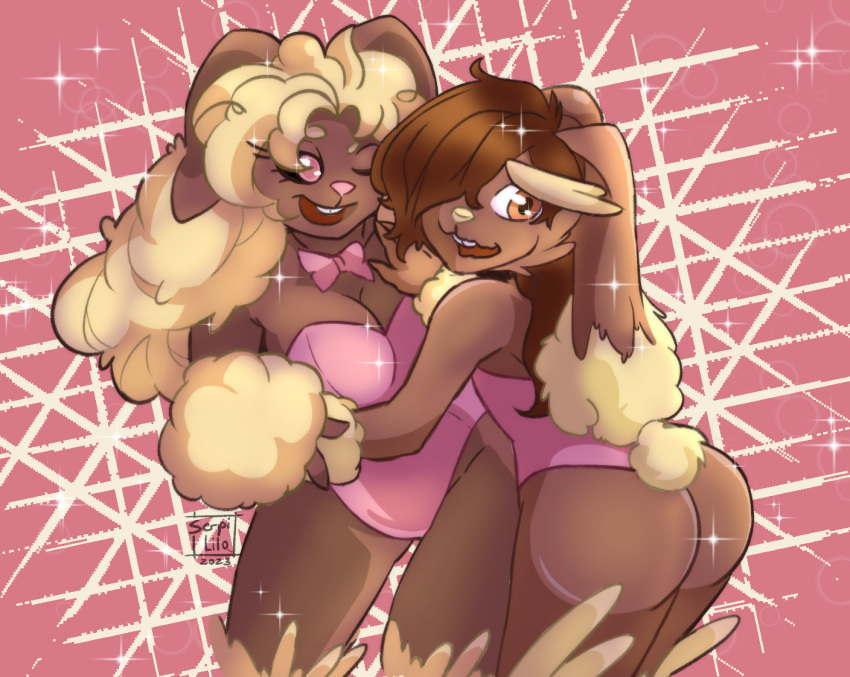 2023 anthro ass bashful black_sclera blonde_hair breasts brown_body brown_fur brown_hair bunny_costume chris_(rhode_arts) clothing costume digital_drawing_(artwork) digital_media_(artwork) duo female fur generation_4_pokemon hair lagomorph lopunny male male/female mammal nintendo open_mouth pattern_background pink_clothing pink_eyes pink_topwear pokemon pokemon_(species) serpi_lilo simple_background topwear watermark