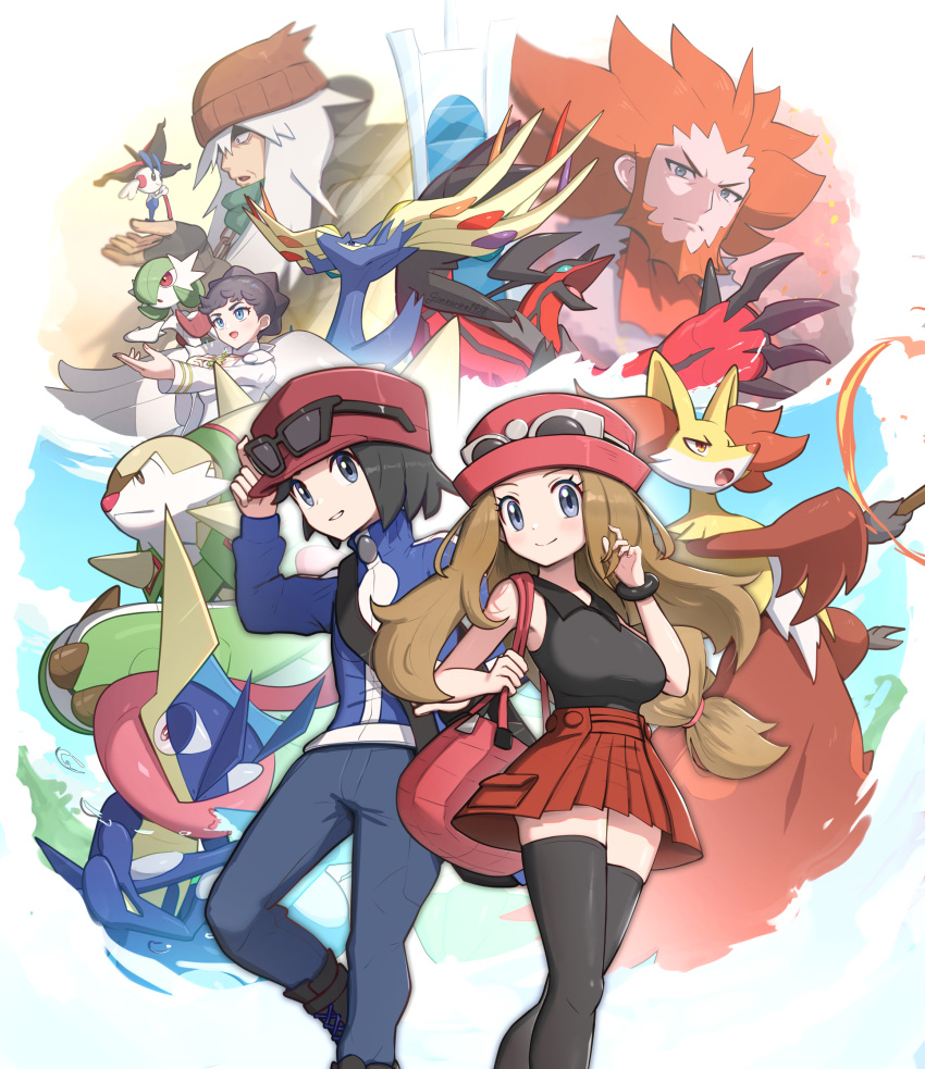 2girls 3boys az_(pokemon) bag beanie beard black_gloves black_hair black_thighhighs blonde_hair border breasts calem_(pokemon) chesnaught closed_mouth delphox diantha_(pokemon) eyewear_on_headwear facial_hair fingerless_gloves floette floette_(eternal) gardevoir gloves gonzarez greninja hand_on_headwear hat highres jacket large_breasts lysandre_(pokemon) mega_gardevoir mega_pokemon miniskirt multiple_boys multiple_girls orange_hair outside_border pleated_skirt pokemon pokemon_(creature) pokemon_xy red_jacket red_skirt serena_(pokemon) skirt sleeveless smile thighhighs twitter_username white_border white_hair xerneas yveltal zettai_ryouiki