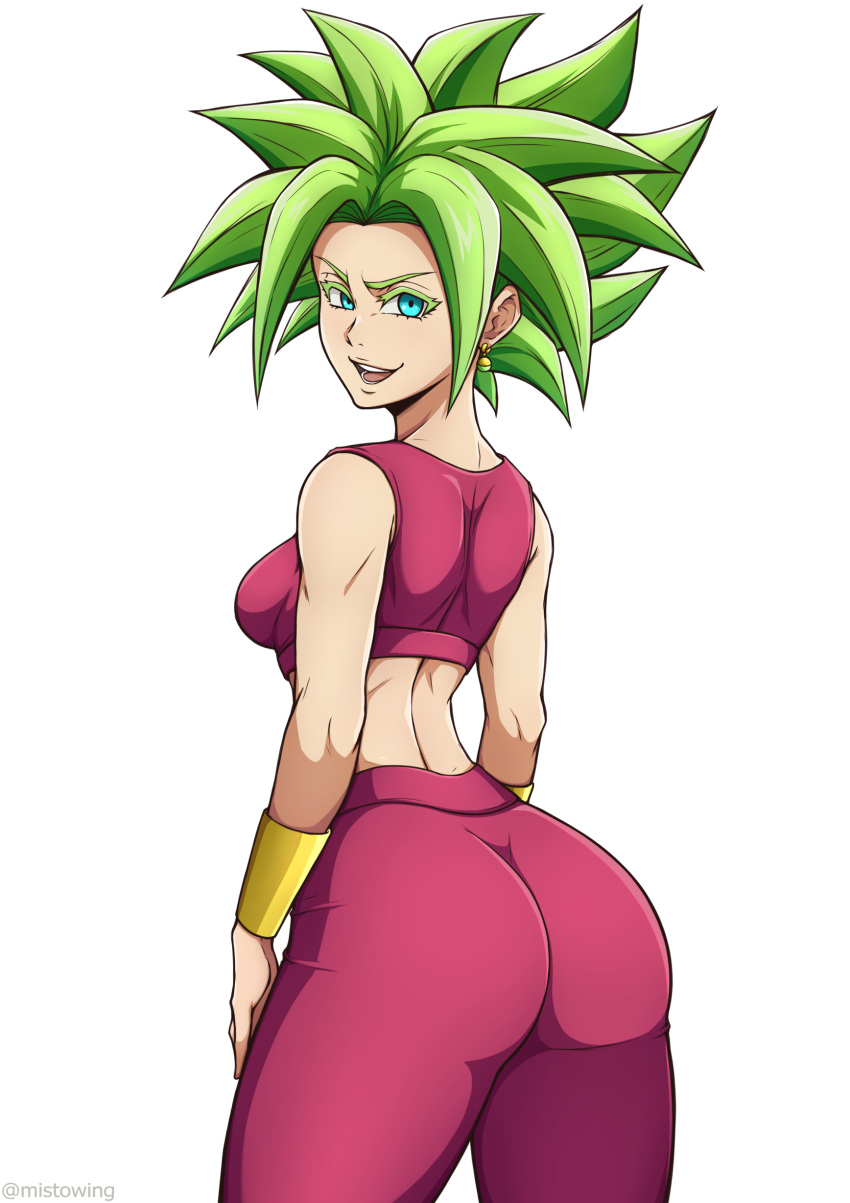 absurdres armlet crop_top dragon_ball dragon_ball_super earrings female green_eyes green_hair highres jewelry kefla_(dragon_ball) mistowing muscular muscular_female pants potara_earrings saiyan simple_background spiked_hair super_saiyan white_background