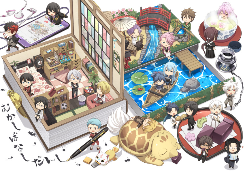 6+boys ? aqua_hair ball bathing bed black_hair blue_eyes blue_hair boat book bridge brown_hair calligraphy_brush cellphone chair chibi closed_eyes cup desk earbuds earphones eating floorplan flower food fox glasses hair_over_one_eye hizen_tadahiro horikawa_kunihiro ink_bottle itou_(mogura) japanese_clothes jirou_tachi kamekichi kasen_kanesada kogitsunemaru konnosuke kousetsu_samonji lab_coat lily_pad long_hair long_sideburns low-tied_long_hair lying male_focus mini_person miniboy multiple_boys nankaitarou_chouson oil-paper_umbrella on_back ookurikara open_mouth otegine paintbrush phone pink_hair plant ponytail potted_plant purple_eyes purple_hair red_eyes red_hair revision rock sayo_samonji sengo_muramasa_(touken_ranbu) shokudaikiri_mitsutada shorts sideburns sitting smartphone smile soccer_ball souza_samonji taikogane_sadamune teacup tonbokiri_(touken_ranbu) touken_ranbu track_suit tsurumaru_kuninaga turtle umbrella urashima_kotetsu wagashi watercraft white_hair wind_chime yagen_toushirou yamabushi_kunihiro yamanbagiri_chougi yamanbagiri_kunihiro