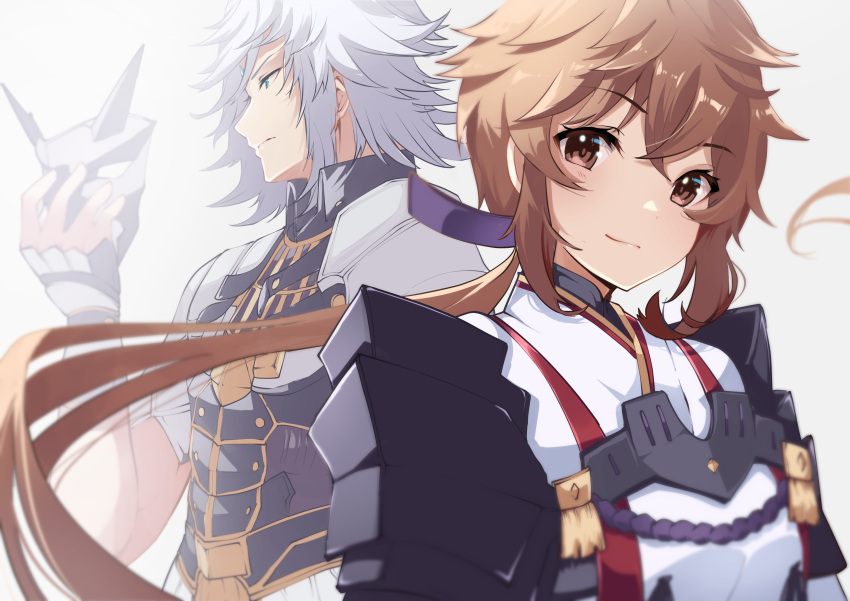 1boy absurdres armor brown_eyes brown_hair closed_mouth female highres holding holding_mask japanese_armor jin_(xenoblade) long_hair lora_(xenoblade) mask medium_hair ponytail risumi_(taka-fallcherryblossom) smile upper_body white_background white_hair xenoblade_chronicles_(series) xenoblade_chronicles_2 xenoblade_chronicles_2:_torna_-_the_golden_country