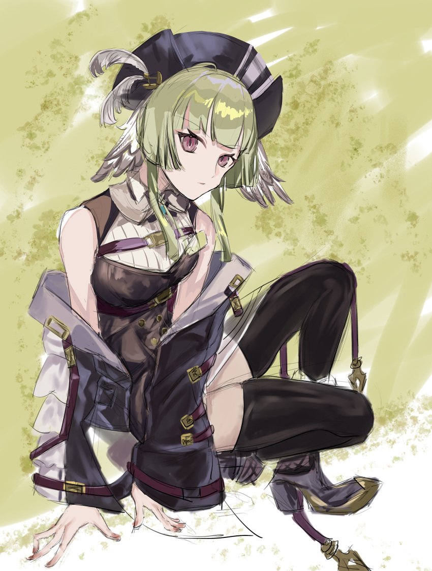 absurdres arknights artist_request female green_hair highres non-web_source poncirus_(arknights) purple_eyes solo