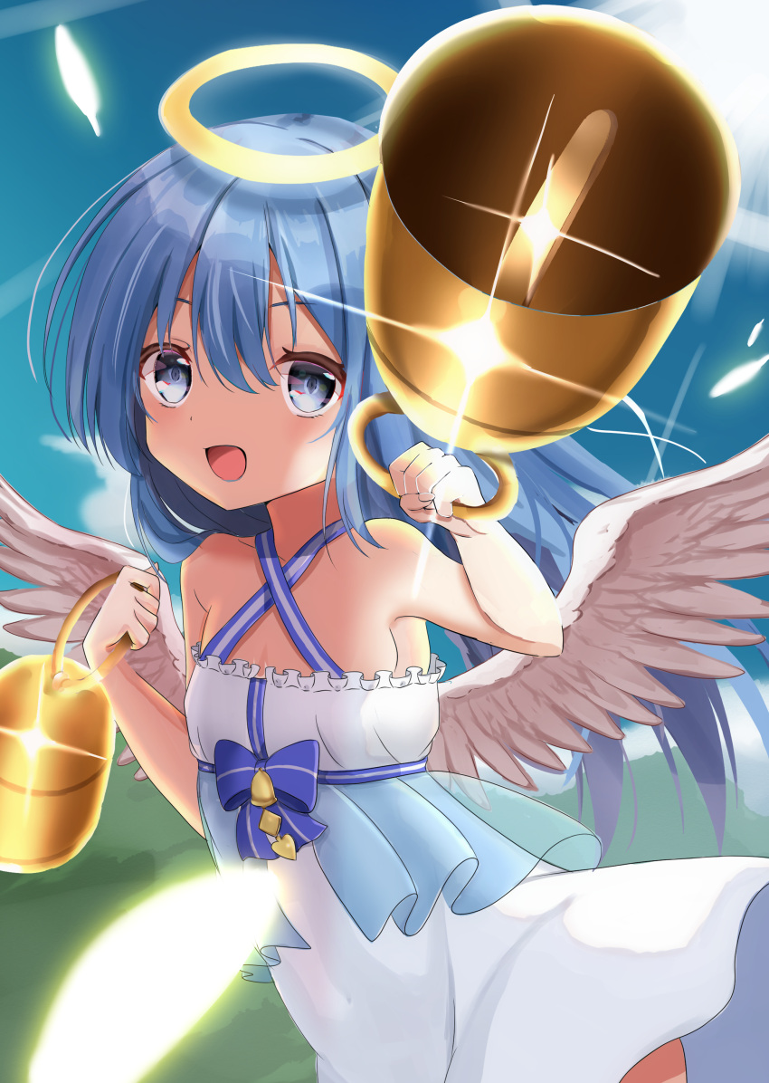 :d absurdres angel angel_wings bad_id bad_pixiv_id bare_shoulders bell bellringer_angel blue_eyes blue_hair breasts day dress feathers female glint halo halterneck highres holding holding_bell jewelry long_hair looking_at_viewer momonari1999 open_mouth outdoors shadowverse small_breasts smile solo white_dress white_wings wings