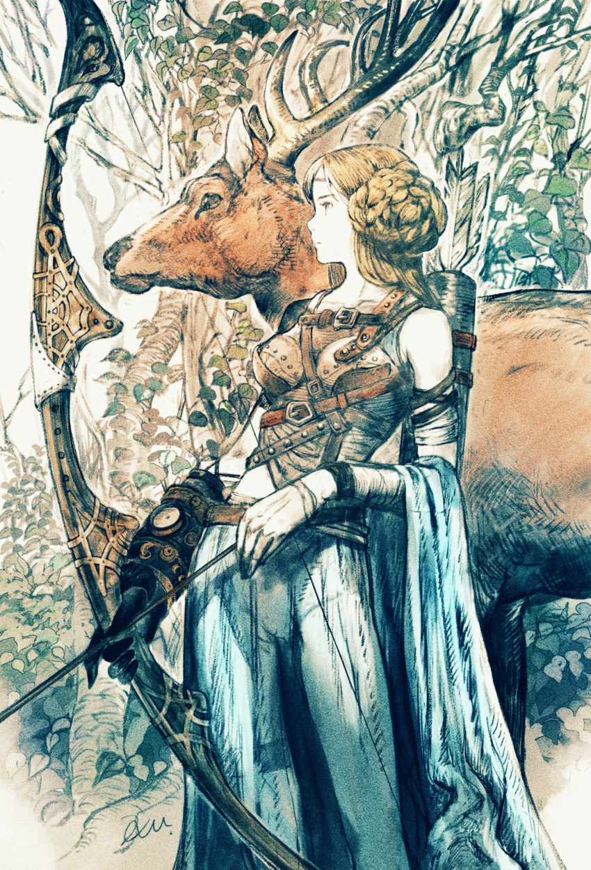 ancient_greek_clothes animal antlers armband armor arrow_(projectile) artemis_(mythology) belt blonde_hair bow_(weapon) braid braided_bun breastplate breasts brown_belt chiton contrapposto deer female gloves greco-roman_clothes greek_mythology hair_bun highres holding holding_bow_(weapon) holding_weapon horns kuroimori looking_ahead medium_breasts nature outdoors quiver see-through signature single_glove solo standing thigh_strap tree weapon