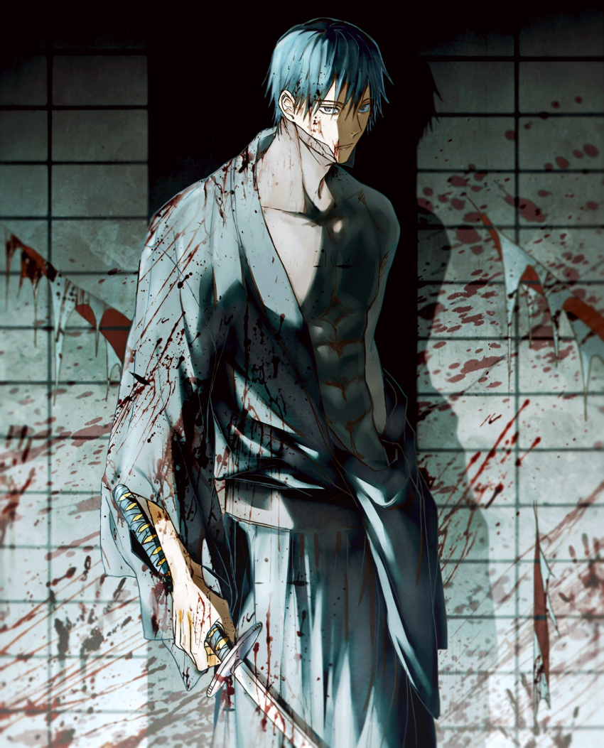 1boy abs absurdres black_eyes black_hair blood blood_on_clothes blood_on_face blood_on_weapon blood_splatter expressionless fushiguro_touji green_hair hair_between_eyes highres holding holding_sword holding_weapon jujutsu_kaisen katana looking_at_viewer male_focus pectorals scar scar_on_face shadow short_hair solo sword toned toned_male weapon yoon_(dmsco1803)