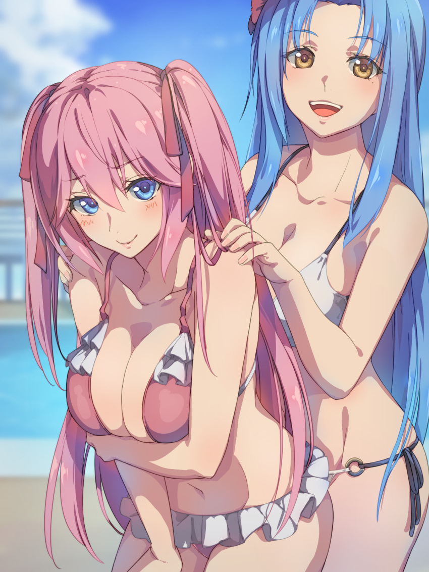 2girls arms_under_breasts bikini blue_eyes blue_hair blush breasts chiharu_(9654784) cleavage cloud collarbone day eyebrows facing_viewer fingernails forehead frilled_bikini frills hair_ornament hasebe_haruka highres large_breasts laughing lips long_hair multiple_girls navel o-ring o-ring_bikini open_mouth pink_bikini pink_hair pool sakura_airi shoulder_grab side-tie_bikini_bottom sky smile swimsuit teeth twintails water white_bikini yellow_eyes youkoso_jitsuryoku_shijou_shugi_no_kyoushitsu_e